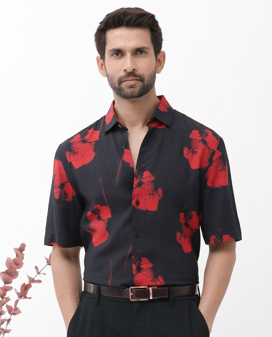 Rare Rabbit Men's Atley Black Viscose Abstract Print Boxy Fit Half Sleeve Collared Shirt