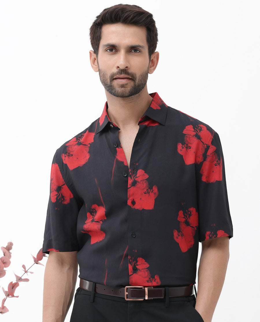 Rare Rabbit Men's Atley Black Viscose Abstract Print Boxy Fit Half Sleeve Collared Shirt