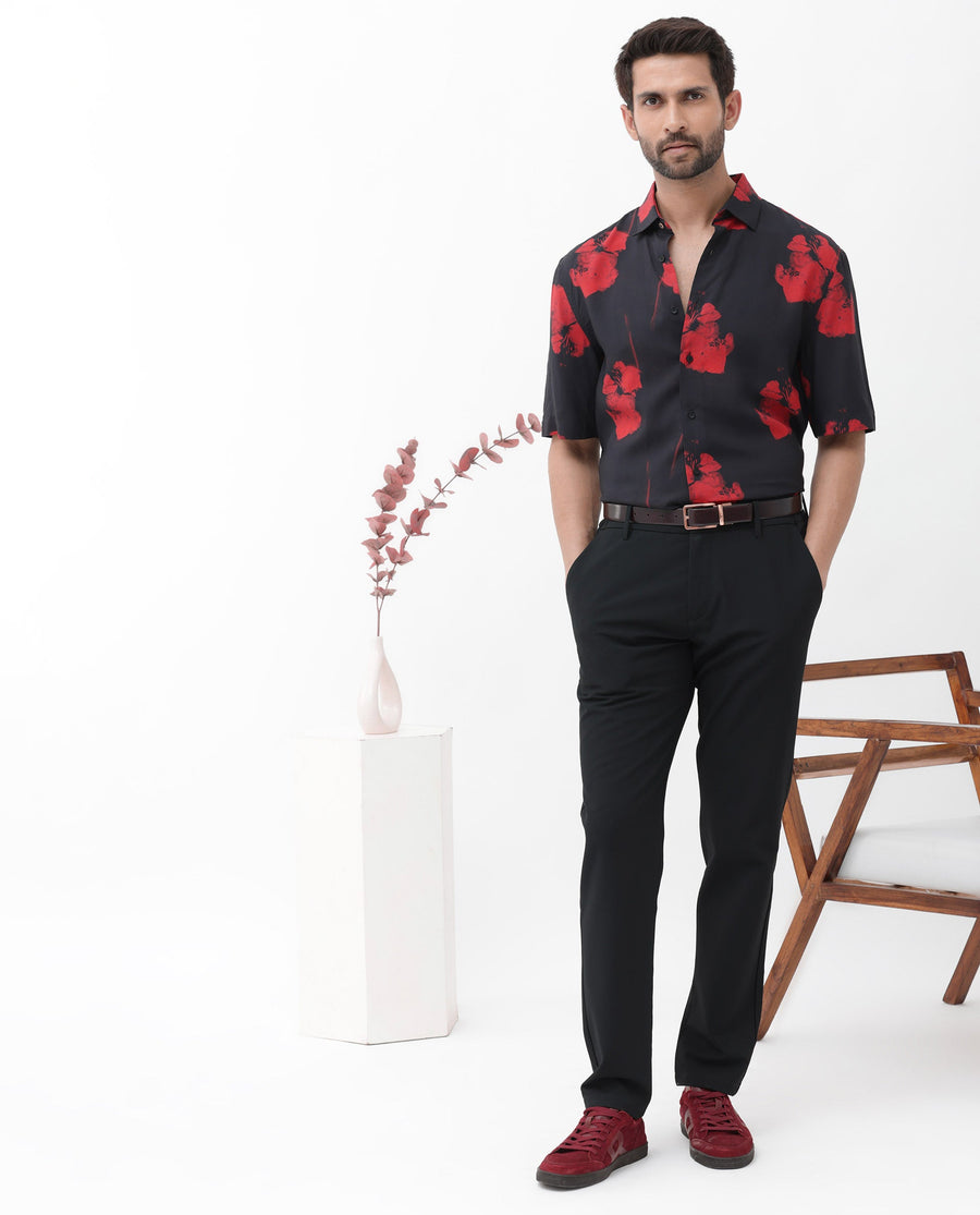 Rare Rabbit Men's Atley Black Viscose Abstract Print Boxy Fit Half Sleeve Collared Shirt