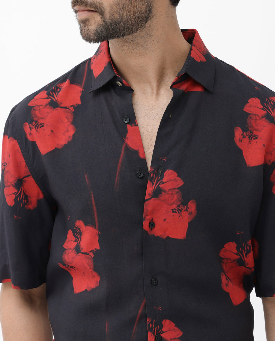 Rare Rabbit Men's Atley Black Viscose Abstract Print Boxy Fit Half Sleeve Collared Shirt