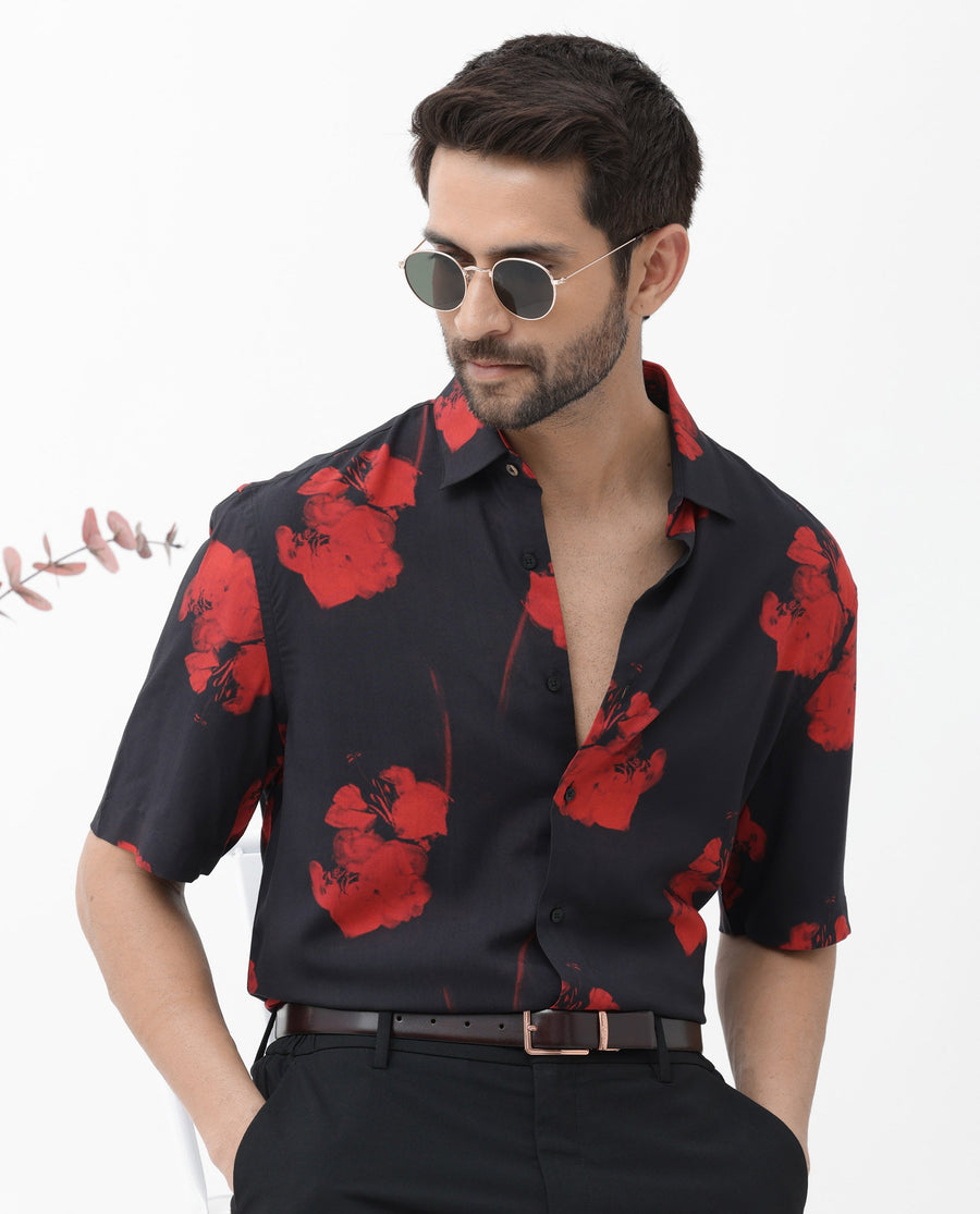 Rare Rabbit Men's Atley Black Viscose Abstract Print Boxy Fit Half Sleeve Collared Shirt