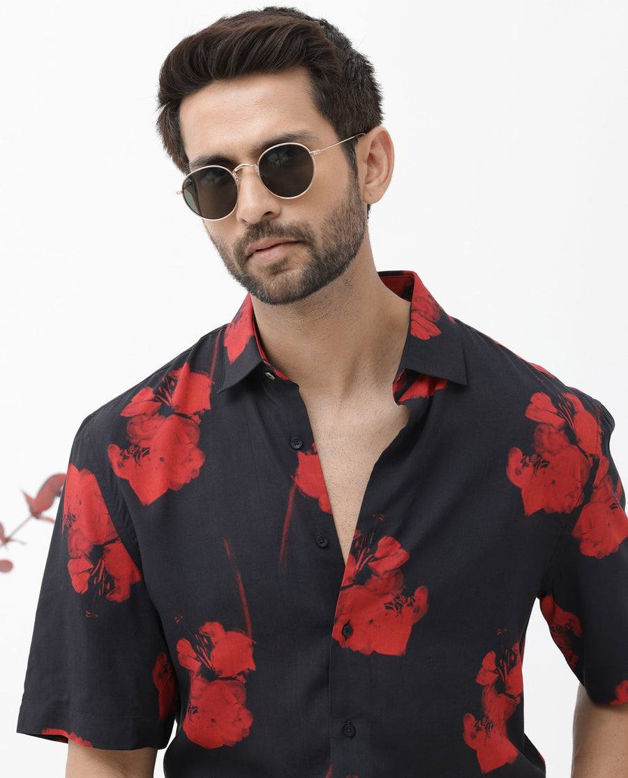 Rare Rabbit Men's Atley Black Viscose Abstract Print Boxy Fit Half Sleeve Collared Shirt