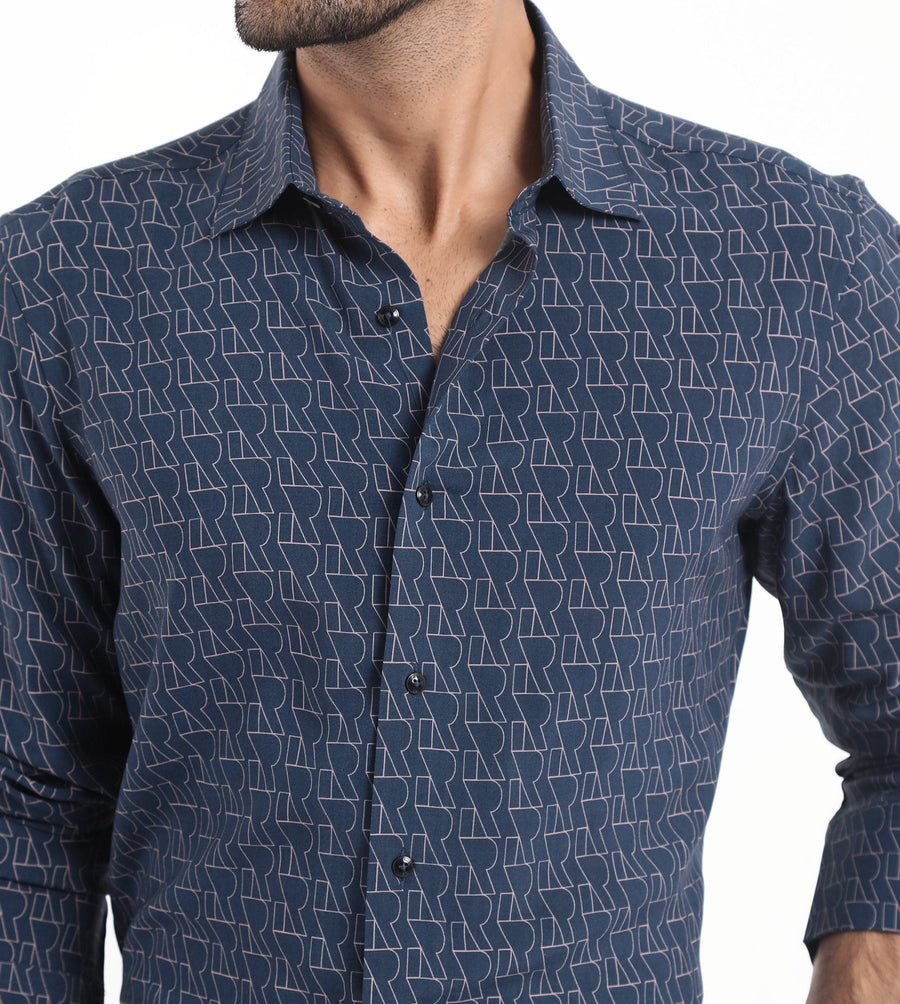 Rare Rabbit Men's Atria Dark Teal Viscose Monogram Print Boxy Fit Full Sleeve Collared Shirt