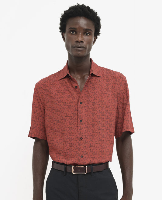 Rare Rabbit Men's Atria Ss Dark Rust Viscose Monogram Print Boxy Fit Half Sleeve Spread Collar Shirt