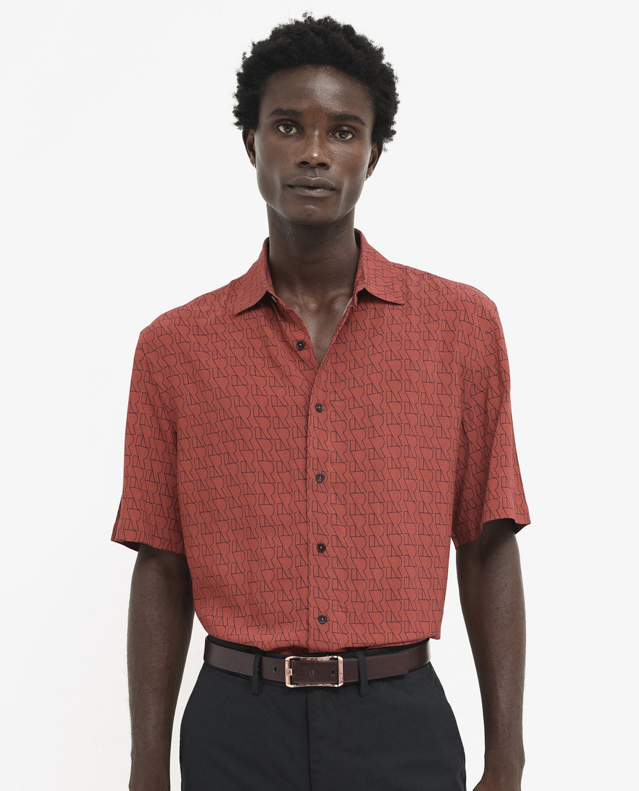 Rare Rabbit Men's Atria Ss Dark Rust Viscose Monogram Print Boxy Fit Half Sleeve Spread Collar Shirt