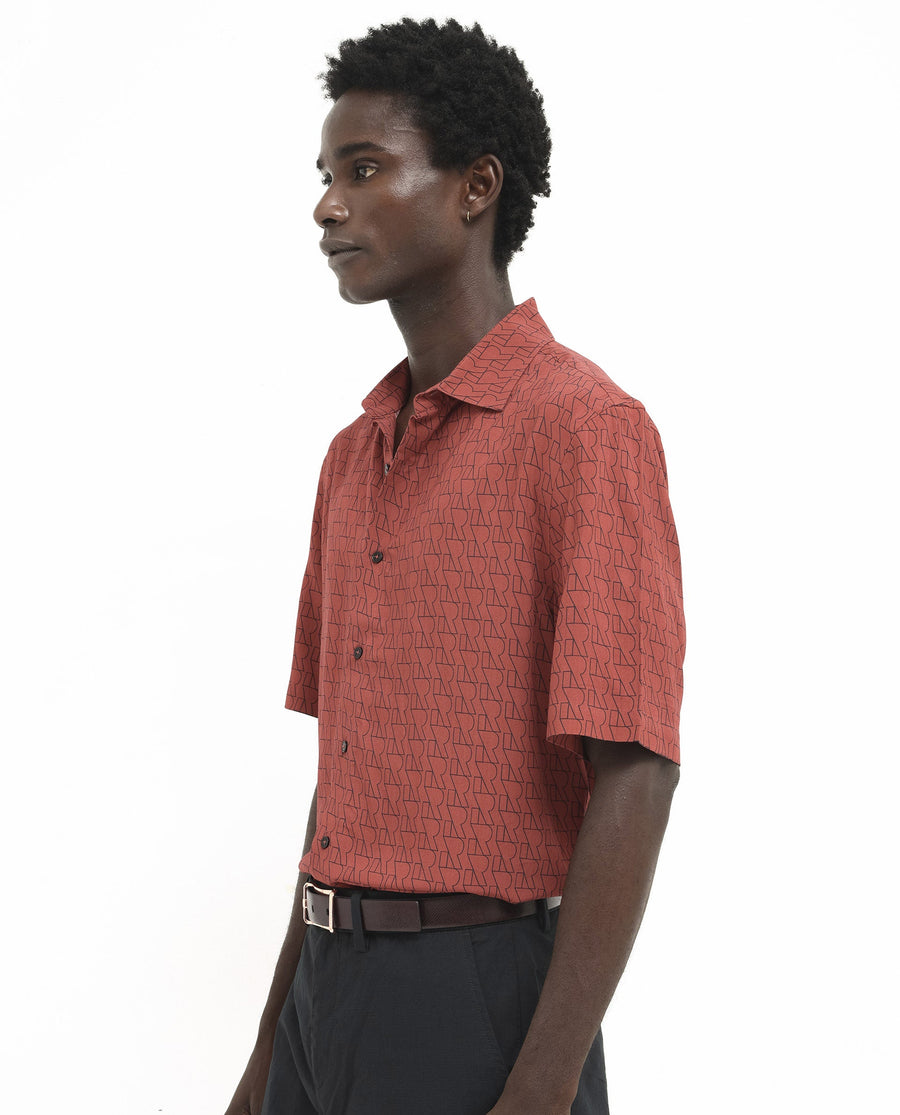 Rare Rabbit Men's Atria Ss Dark Rust Viscose Monogram Print Boxy Fit Half Sleeve Spread Collar Shirt