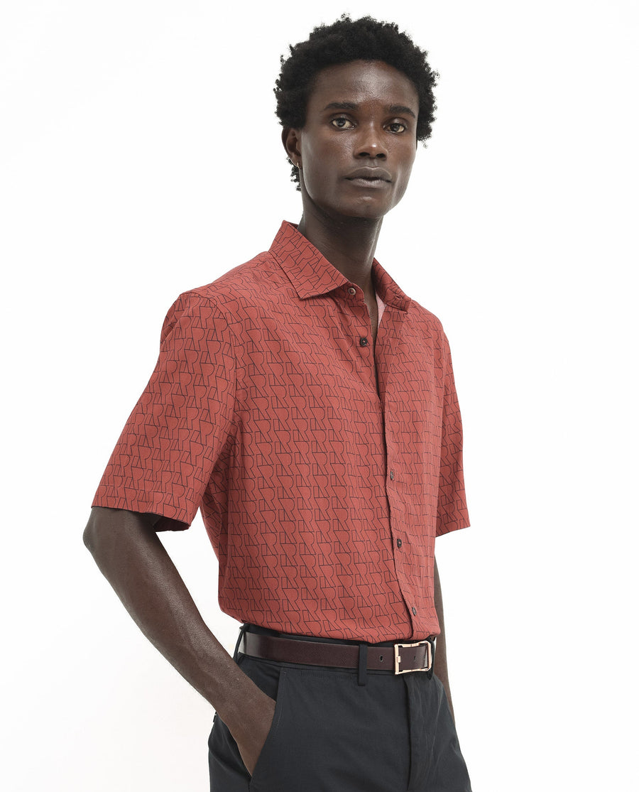 Rare Rabbit Men's Atria Ss Dark Rust Viscose Monogram Print Boxy Fit Half Sleeve Spread Collar Shirt
