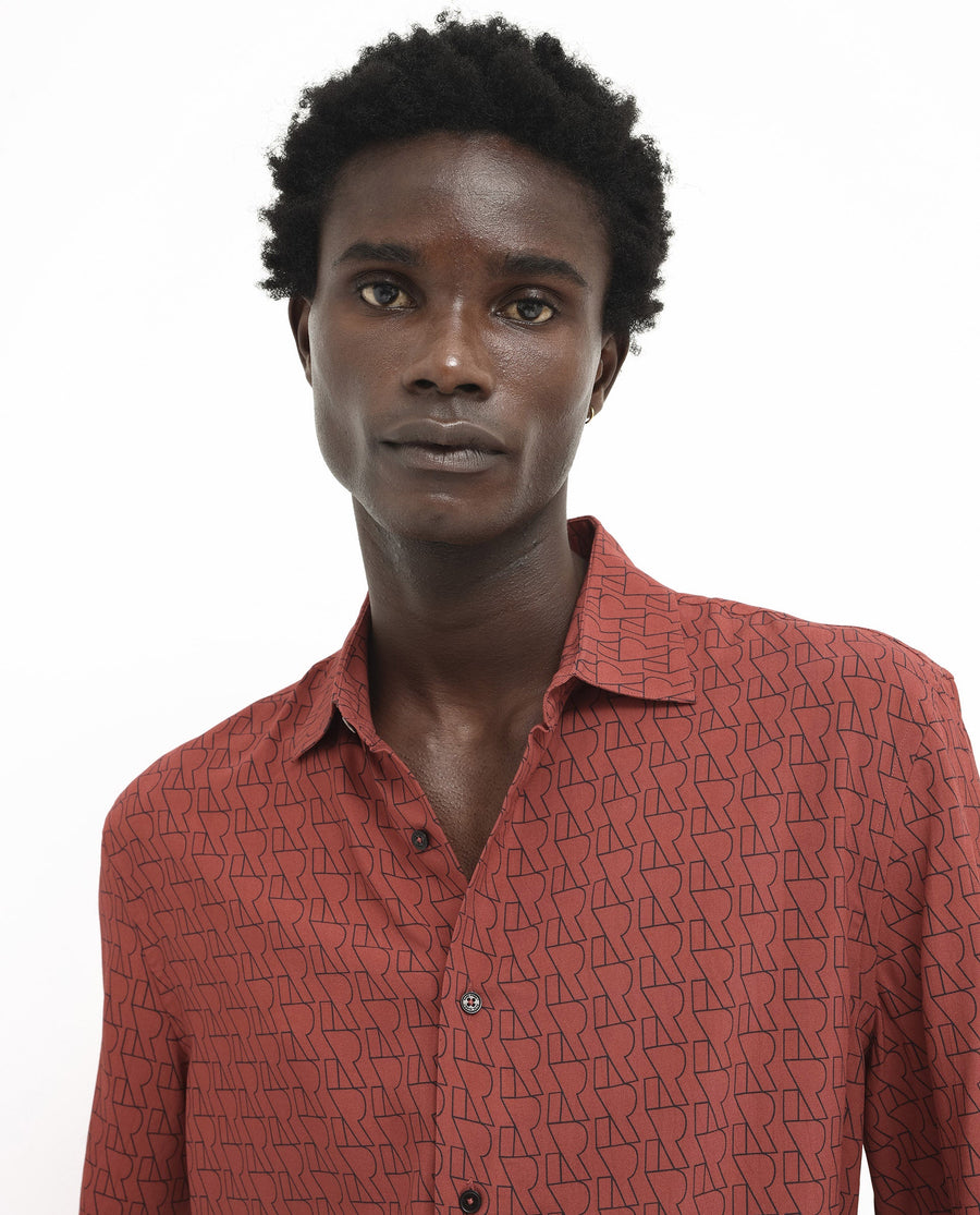 Rare Rabbit Men's Atria Ss Dark Rust Viscose Monogram Print Boxy Fit Half Sleeve Spread Collar Shirt