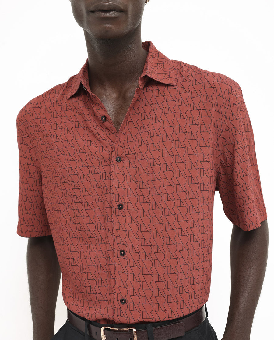 Rare Rabbit Men's Atria Ss Dark Rust Viscose Monogram Print Boxy Fit Half Sleeve Spread Collar Shirt