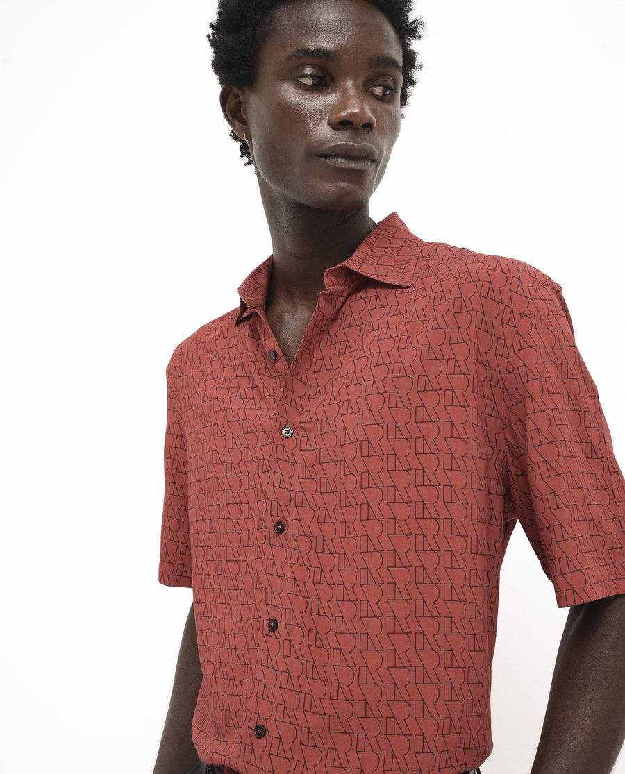 Rare Rabbit Men's Atria Ss Dark Rust Viscose Monogram Print Boxy Fit Half Sleeve Spread Collar Shirt