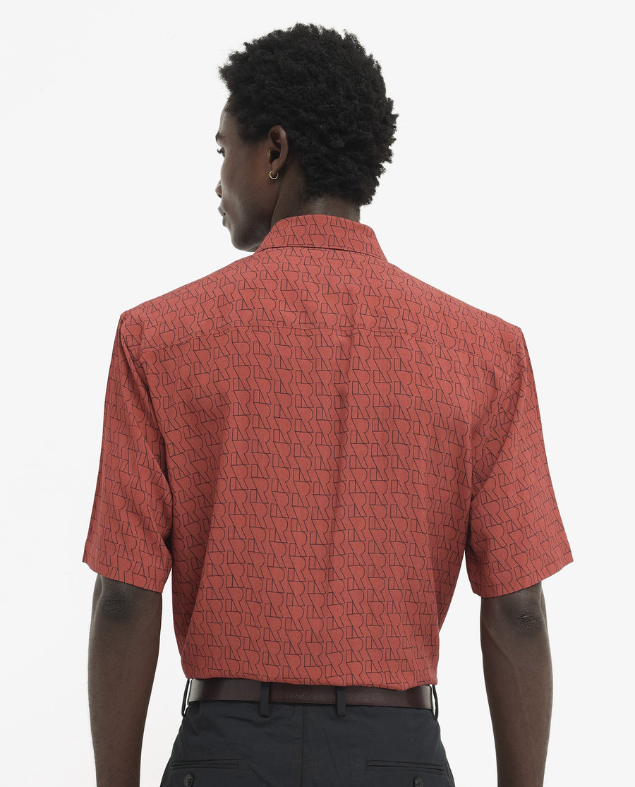 Rare Rabbit Men's Atria Ss Dark Rust Viscose Monogram Print Boxy Fit Half Sleeve Spread Collar Shirt