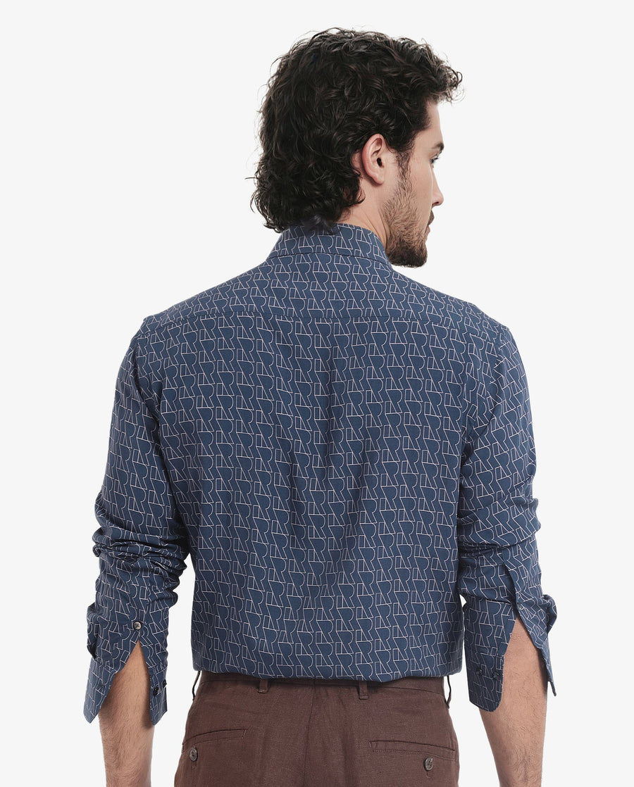 Rare Rabbit Men's Atria Dark Teal Viscose Monogram Print Boxy Fit Full Sleeve Collared Shirt