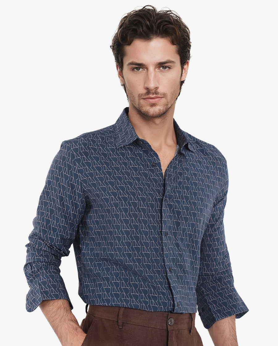 Rare Rabbit Men's Atria Dark Teal Viscose Monogram Print Boxy Fit Full Sleeve Collared Shirt