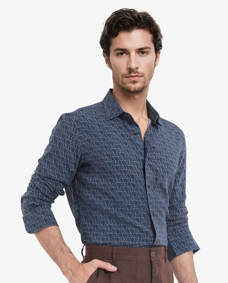 Rare Rabbit Men's Atria Dark Teal Viscose Monogram Print Boxy Fit Full Sleeve Collared Shirt