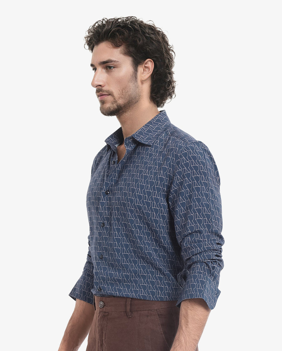 Rare Rabbit Men's Atria Dark Teal Viscose Monogram Print Boxy Fit Full Sleeve Collared Shirt