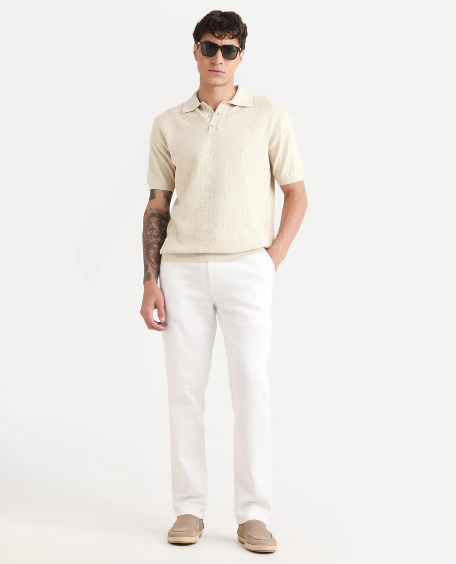 Rare Rabbit Men's Atri Off White Cotton Blend Fabric Collared Neck Regular Fit Textured Polo
