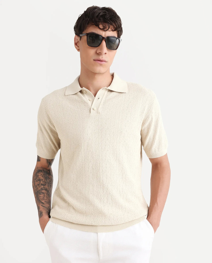Rare Rabbit Men's Atri Off White Cotton Blend Fabric Collared Neck Regular Fit Textured Polo