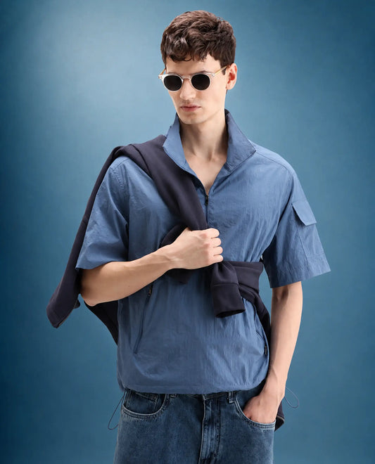 Rare Rabbit Men's Atto Blue Nylon Fabric Half Sleeve Spread Collar Regular Fit Plain Polo