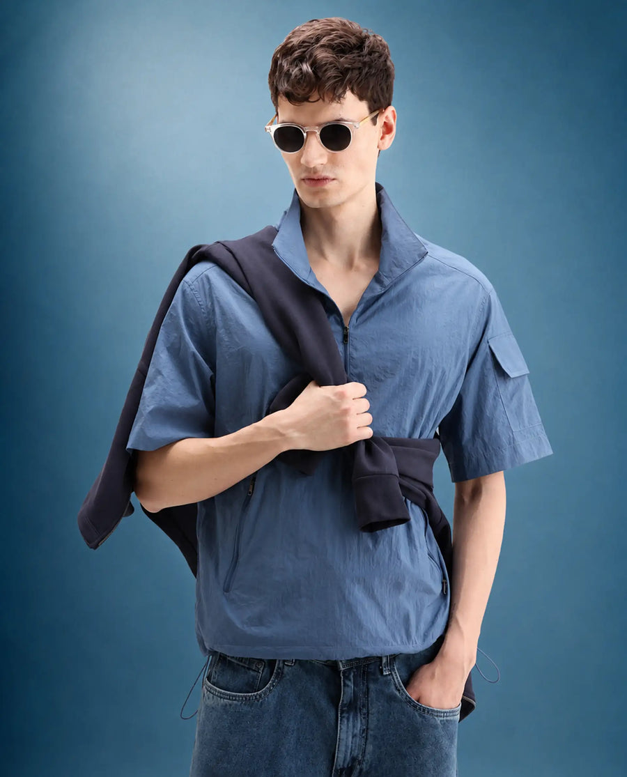 Rare Rabbit Men's Atto Blue Nylon Fabric Half Sleeve Spread Collar Regular Fit Plain Polo