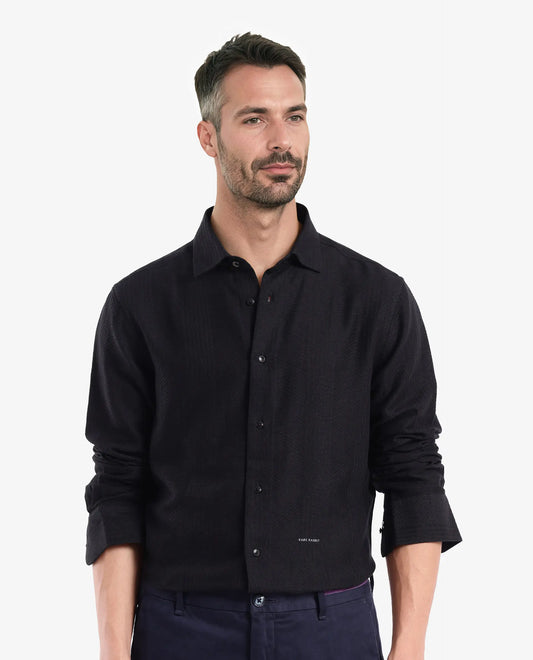 Rare Rabbit Men's Aube Black Cotton Plain Regular Fit Full Sleeve Collared Shirt