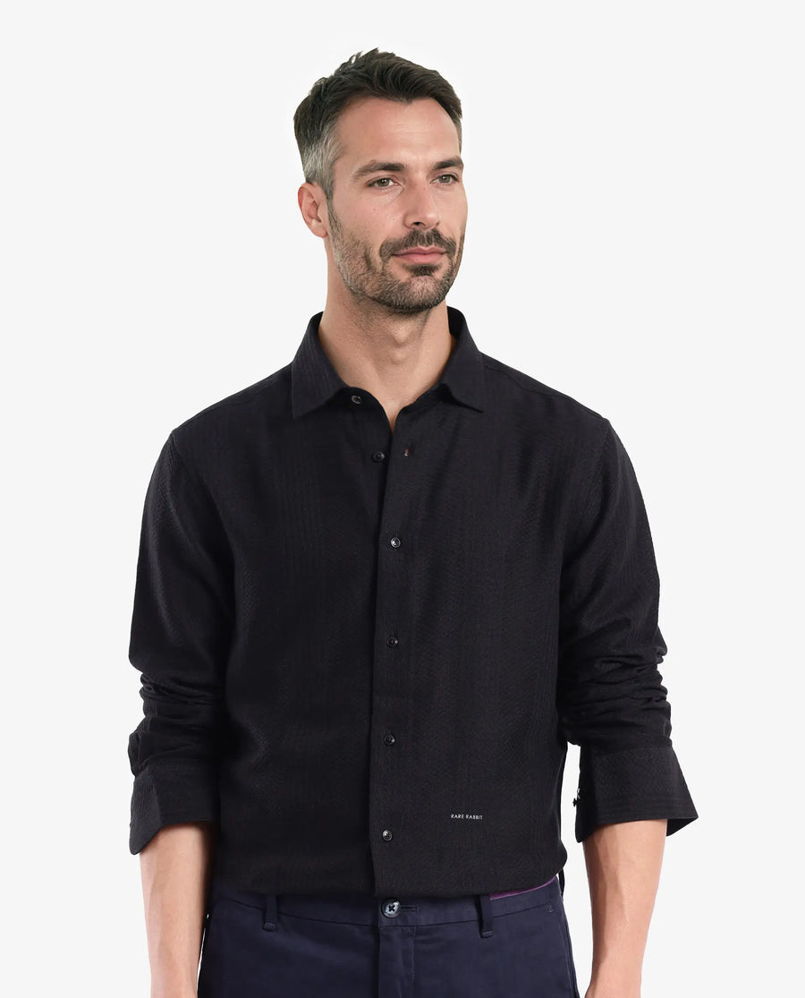 Rare Rabbit Men's Aube Black Cotton Plain Regular Fit Full Sleeve Collared Shirt