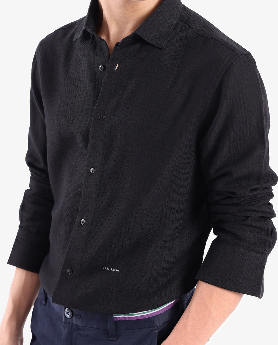 Rare Rabbit Men's Aube Black Cotton Plain Regular Fit Full Sleeve Collared Shirt