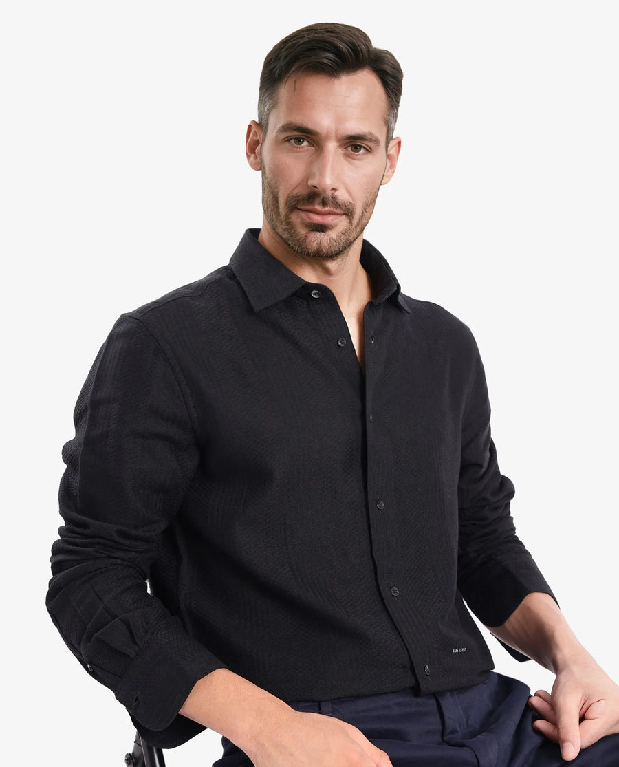Rare Rabbit Men's Aube Black Cotton Plain Regular Fit Full Sleeve Collared Shirt