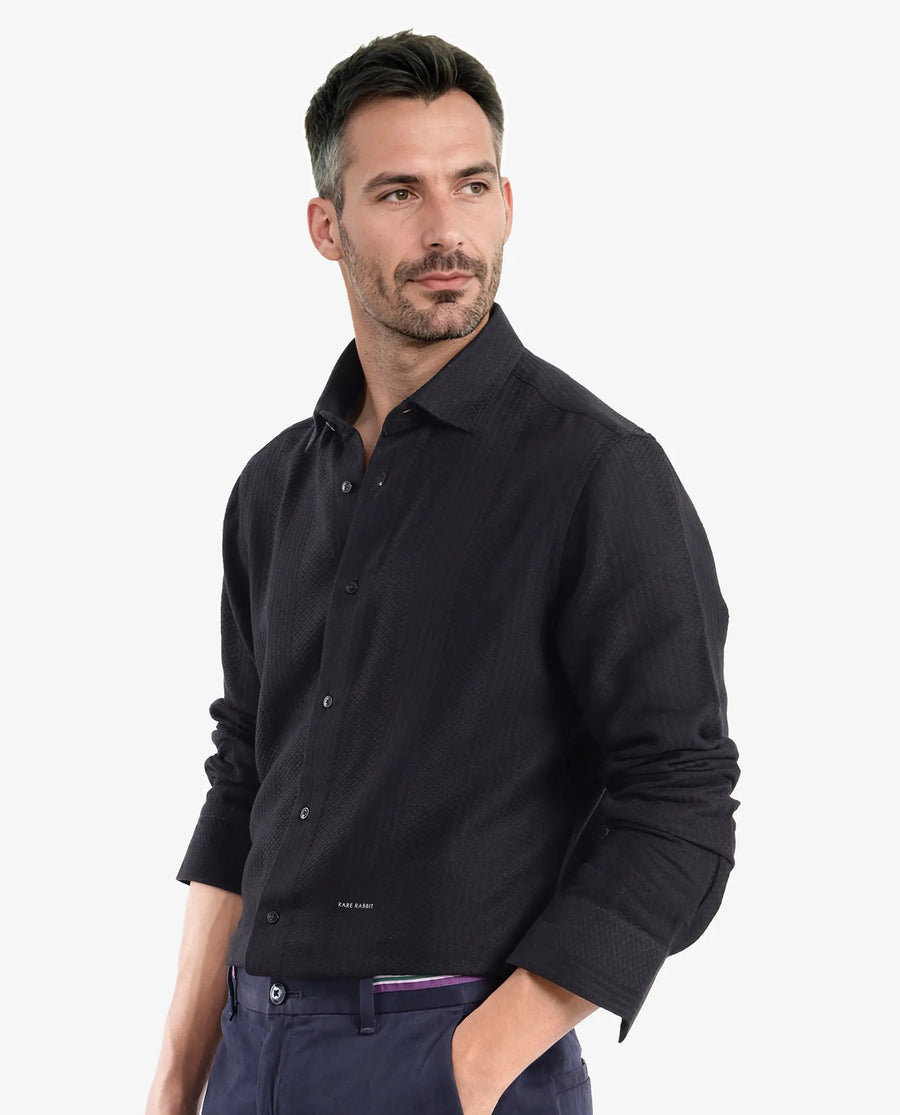 Rare Rabbit Men's Aube Black Cotton Plain Regular Fit Full Sleeve Collared Shirt