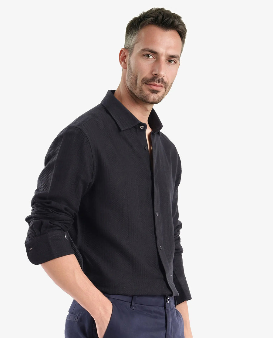 Rare Rabbit Men's Aube Black Cotton Plain Regular Fit Full Sleeve Collared Shirt
