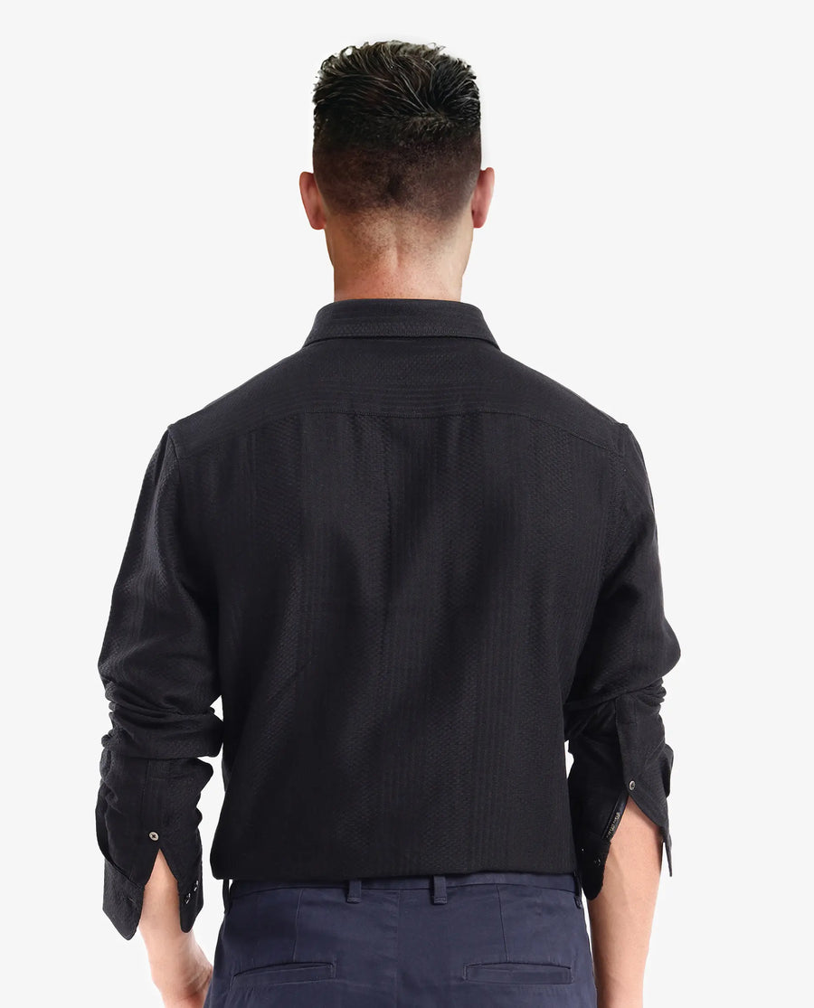 Rare Rabbit Men's Aube Black Cotton Plain Regular Fit Full Sleeve Collared Shirt