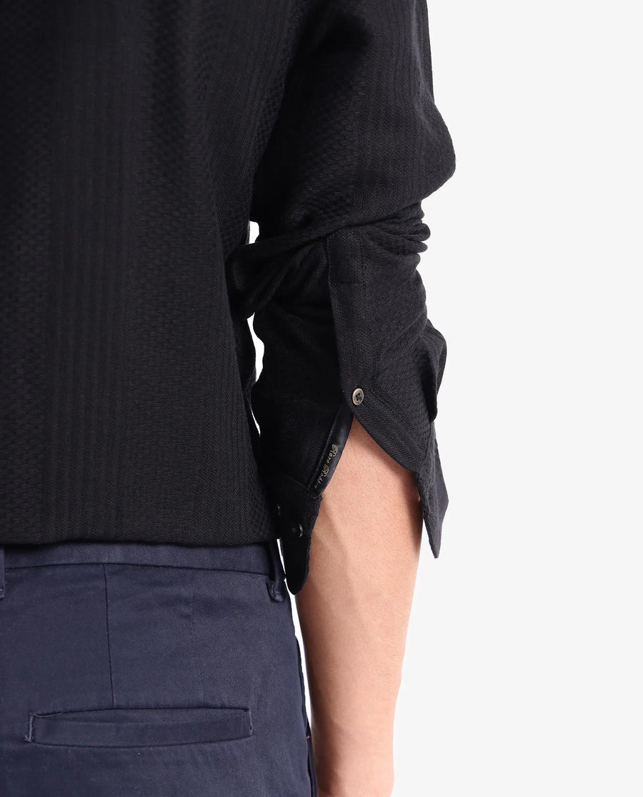 Rare Rabbit Men's Aube Black Cotton Plain Regular Fit Full Sleeve Collared Shirt
