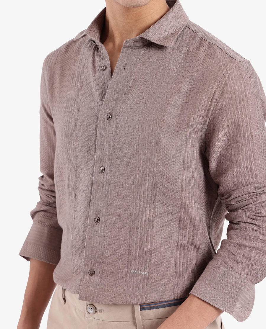 Rare Rabbit Men's Aube Light Brown Cotton Plain Regular Fit Full Sleeve Collared Shirt