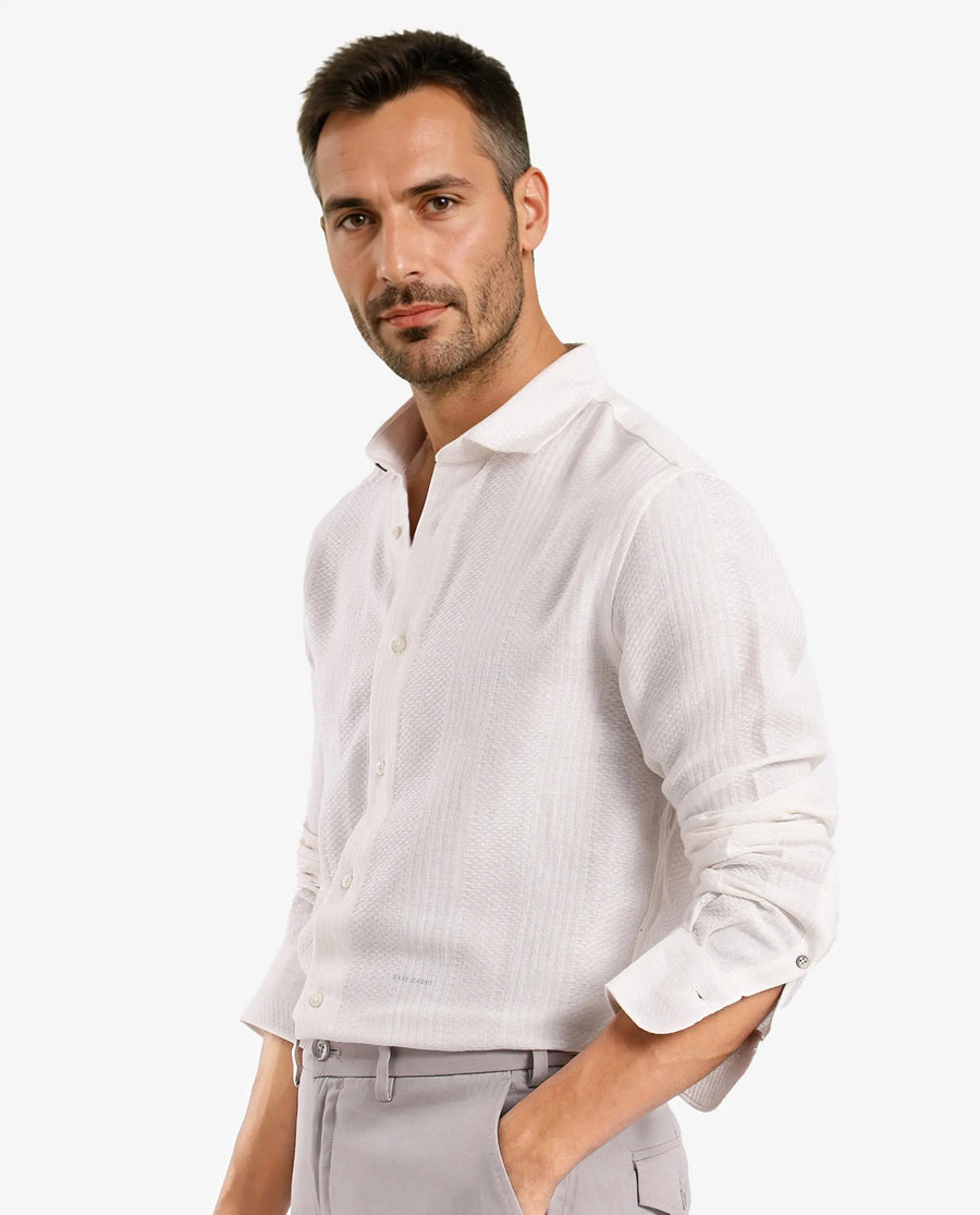 Rare Rabbit Men's Aube Off White Cotton Plain Regular Fit Full Sleeve Collared Shirt
