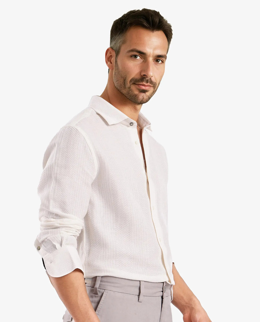 Rare Rabbit Men's Aube Off White Cotton Plain Regular Fit Full Sleeve Collared Shirt