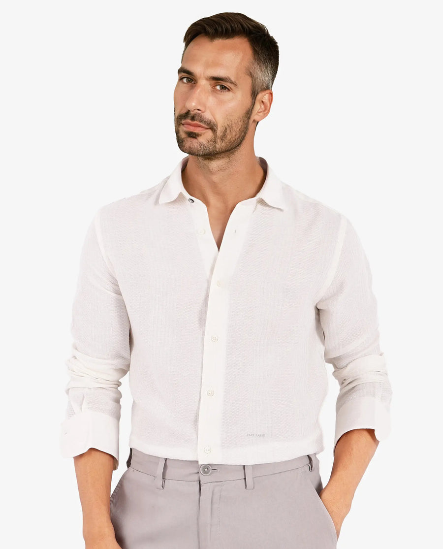 Rare Rabbit Men's Aube Off White Cotton Plain Regular Fit Full Sleeve Collared Shirt