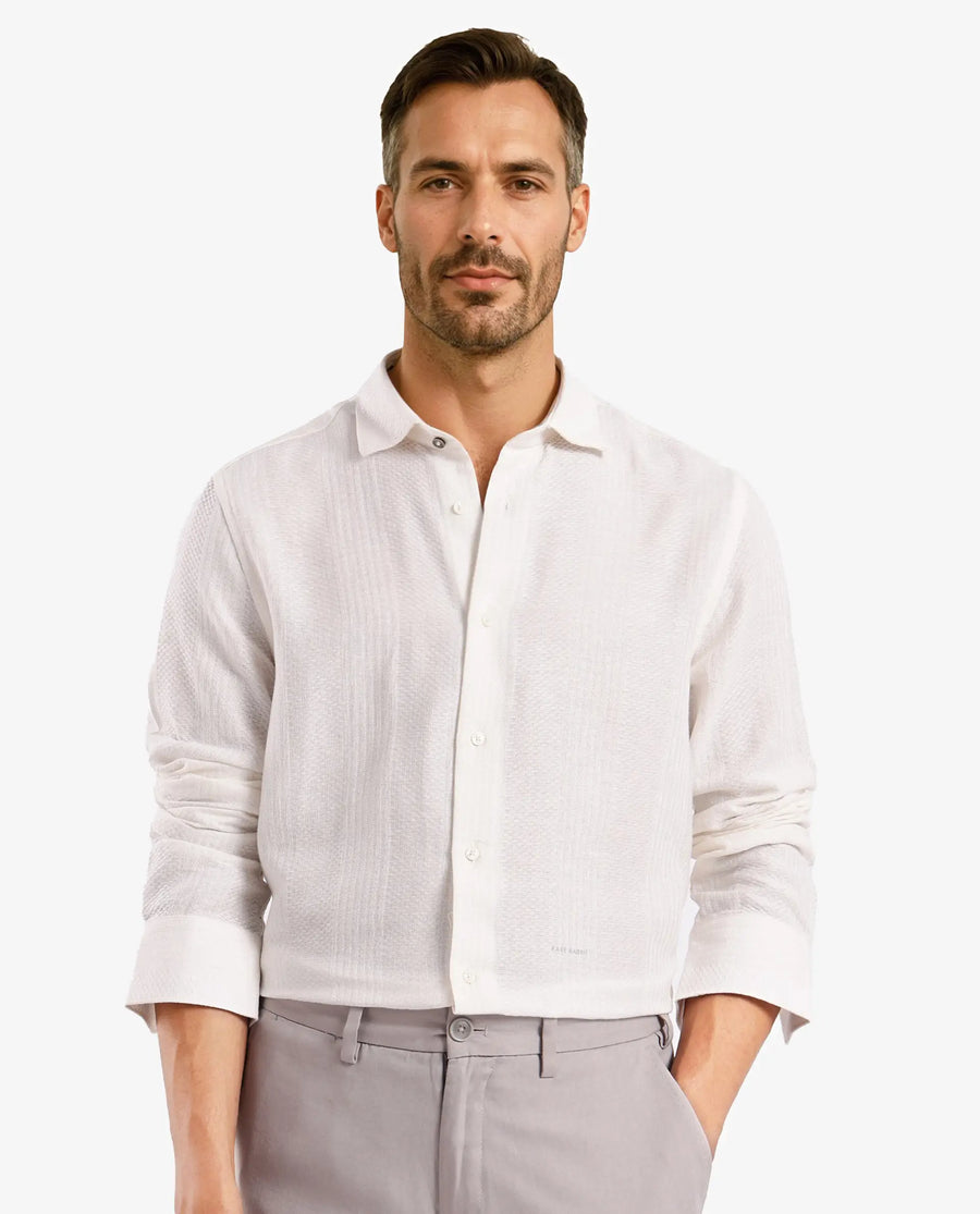 Rare Rabbit Men's Aube Off White Cotton Plain Regular Fit Full Sleeve Collared Shirt