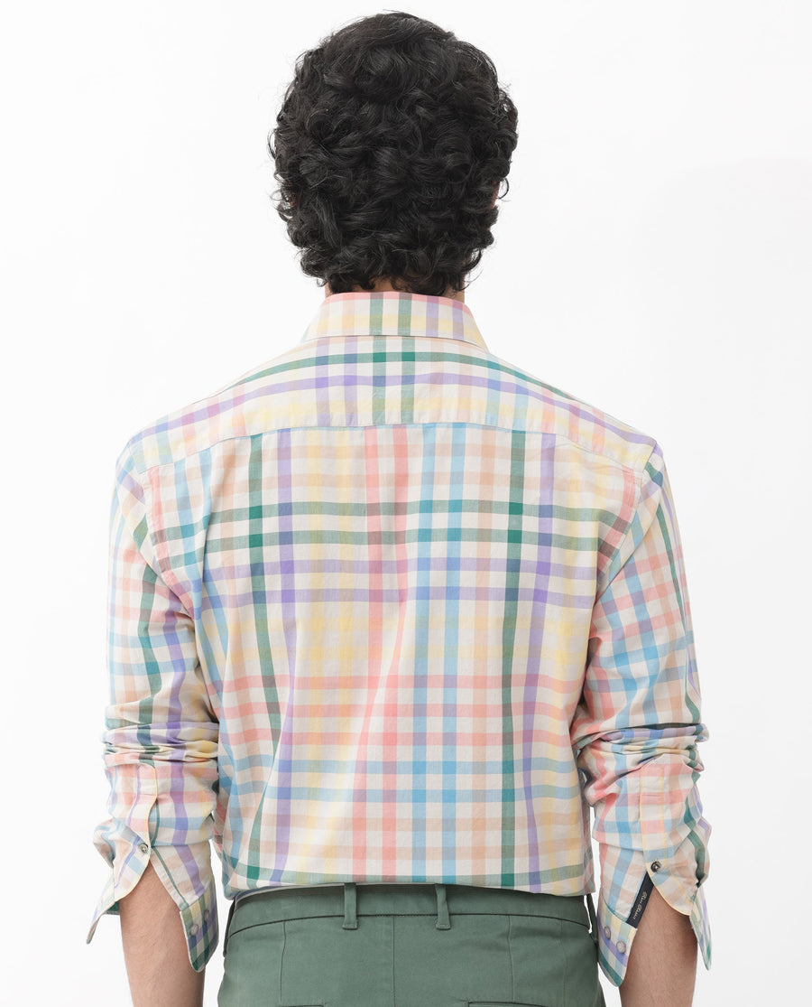Rare Rabbit Men's Aubin Beige Cotton Checked Print Regular Fit Full Sleeve Collared Shirt