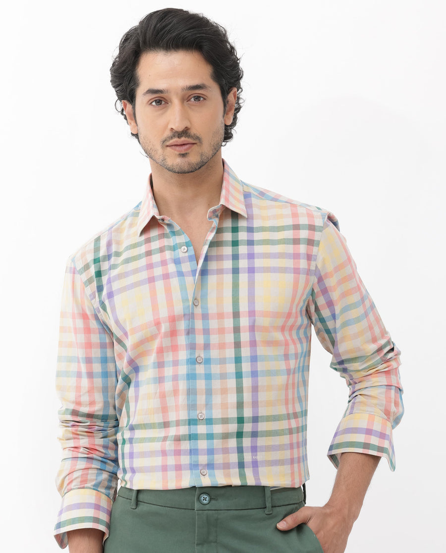Rare Rabbit Men's Aubin Beige Cotton Checked Print Regular Fit Full Sleeve Collared Shirt