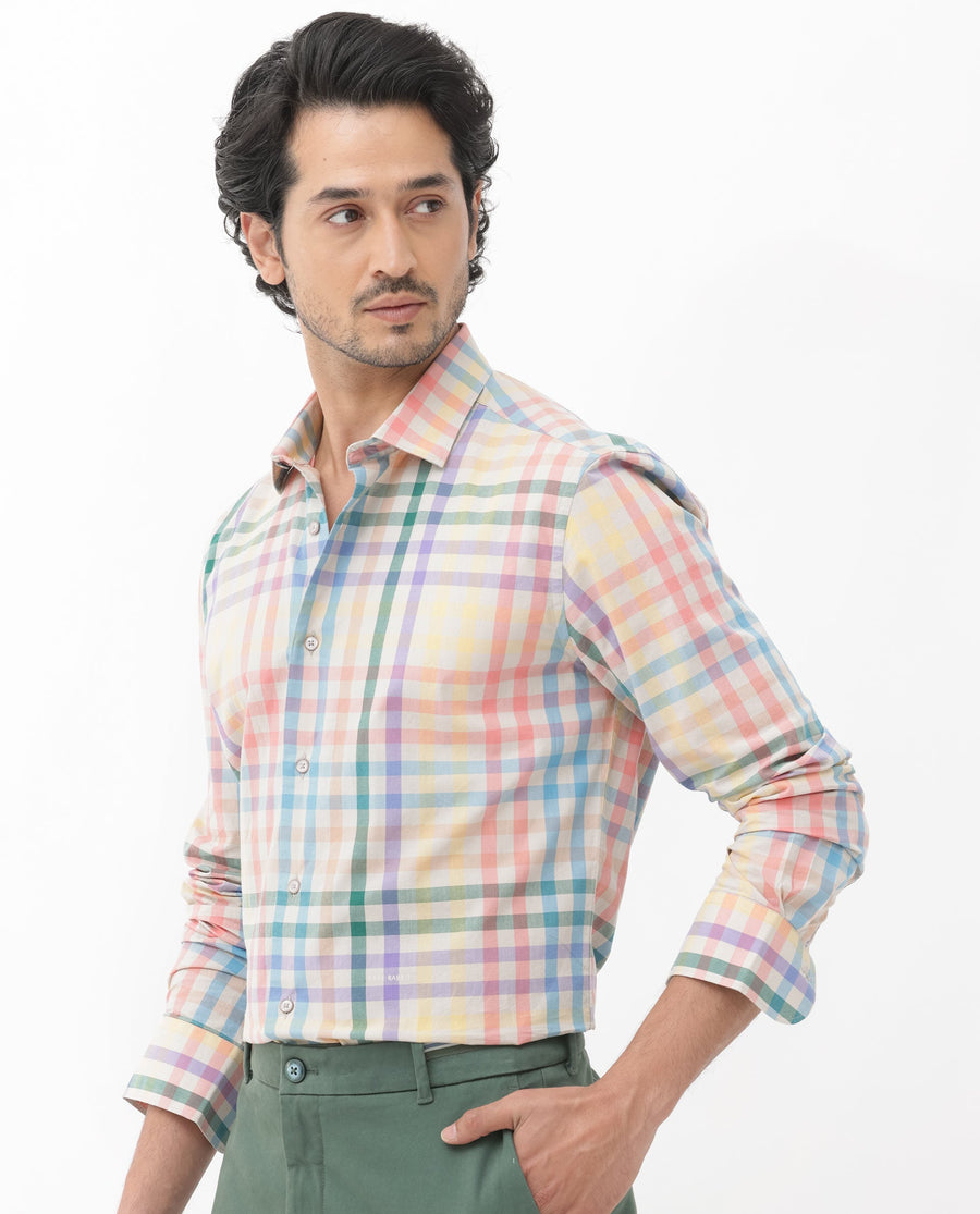 Rare Rabbit Men's Aubin Beige Cotton Checked Print Regular Fit Full Sleeve Collared Shirt