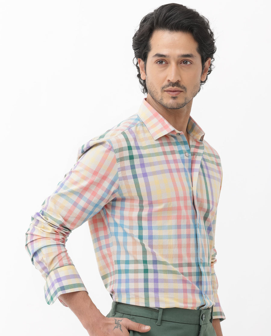 Rare Rabbit Men's Aubin Beige Cotton Checked Print Regular Fit Full Sleeve Collared Shirt