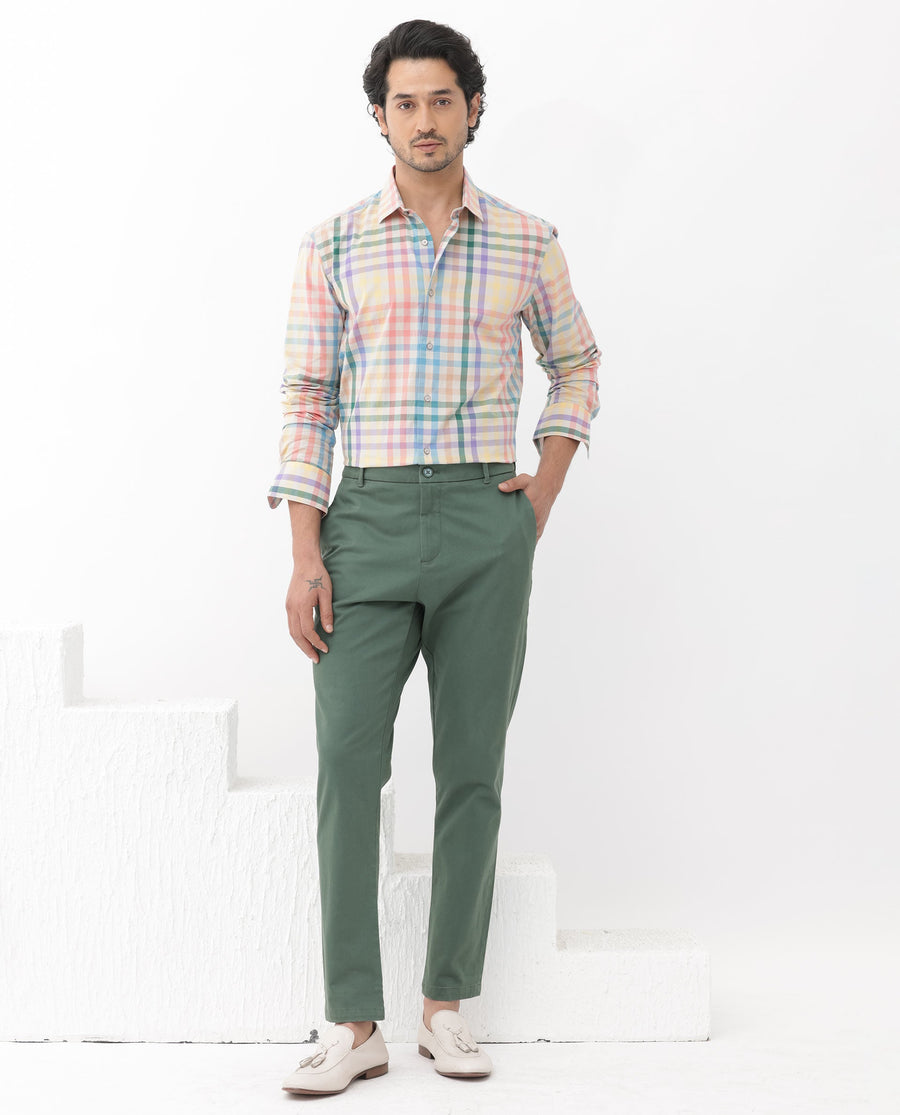 Rare Rabbit Men's Aubin Beige Cotton Checked Print Regular Fit Full Sleeve Collared Shirt