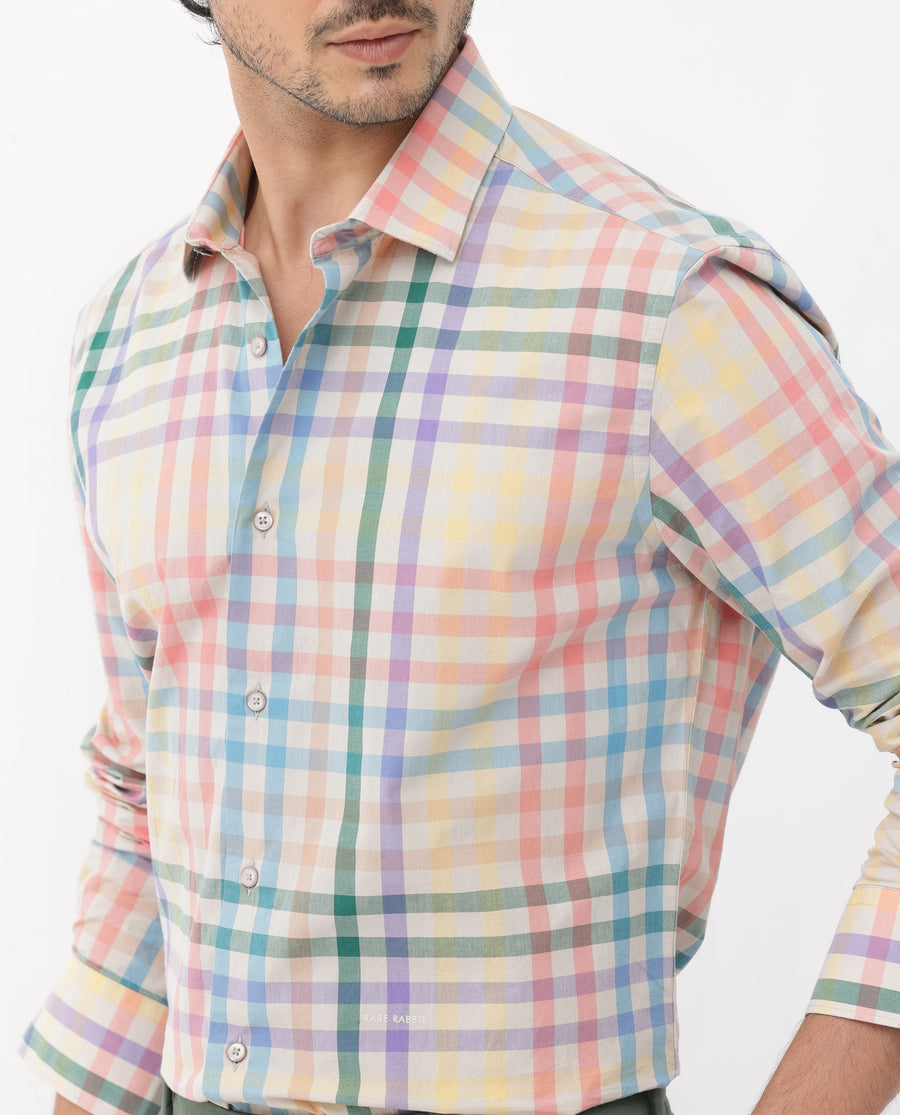 Rare Rabbit Men's Aubin Beige Cotton Checked Print Regular Fit Full Sleeve Collared Shirt