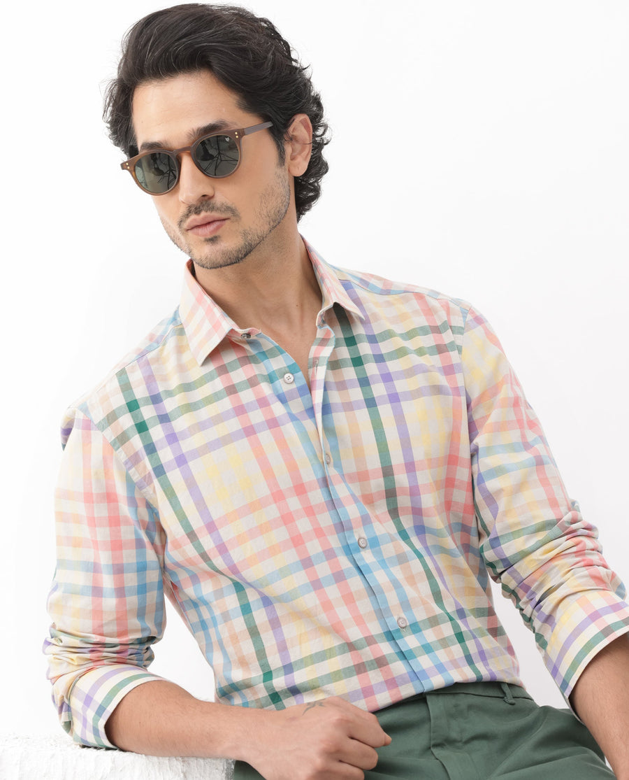 Rare Rabbit Men's Aubin Beige Cotton Checked Print Regular Fit Full Sleeve Collared Shirt
