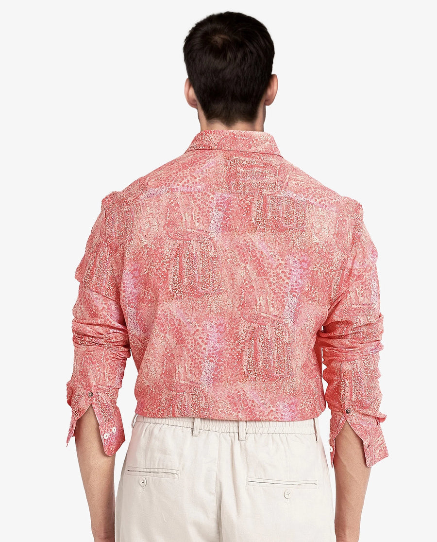 Rare Rabbit Men's Audie Pink Viscose Abstract Print Regular Fit Full Sleeve Collared Shirt