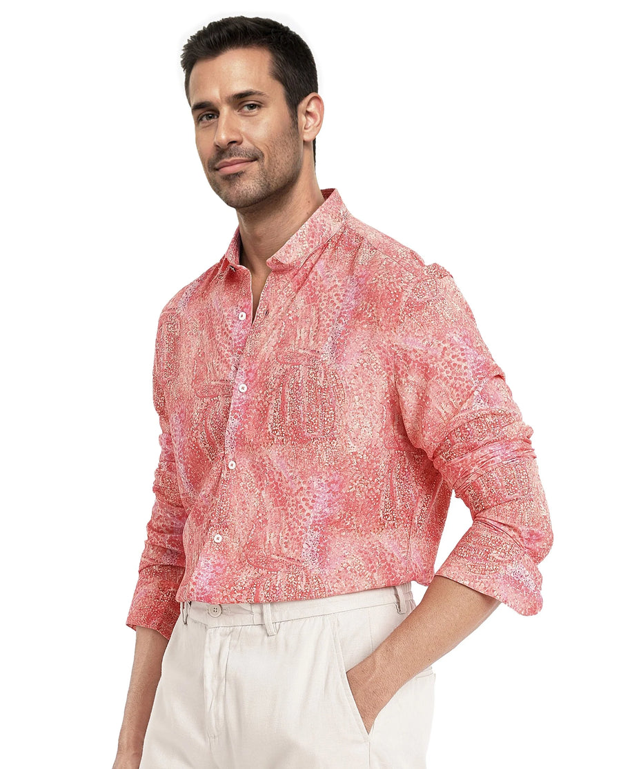 Rare Rabbit Men's Audie Pink Viscose Abstract Print Regular Fit Full Sleeve Collared Shirt
