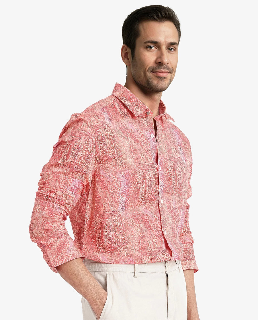 Rare Rabbit Men's Audie Pink Viscose Abstract Print Regular Fit Full Sleeve Collared Shirt