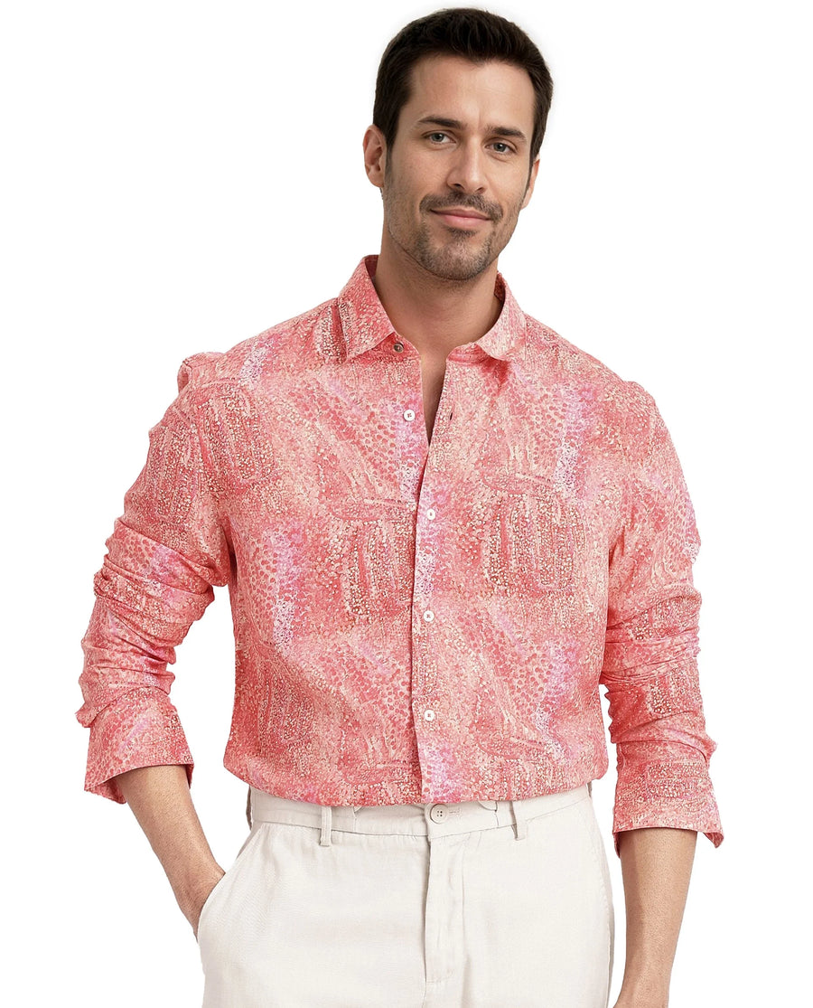 Rare Rabbit Men's Audie Pink Viscose Abstract Print Regular Fit Full Sleeve Collared Shirt