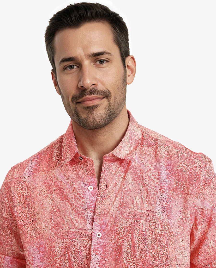 Rare Rabbit Men's Audie Pink Viscose Abstract Print Regular Fit Full Sleeve Collared Shirt