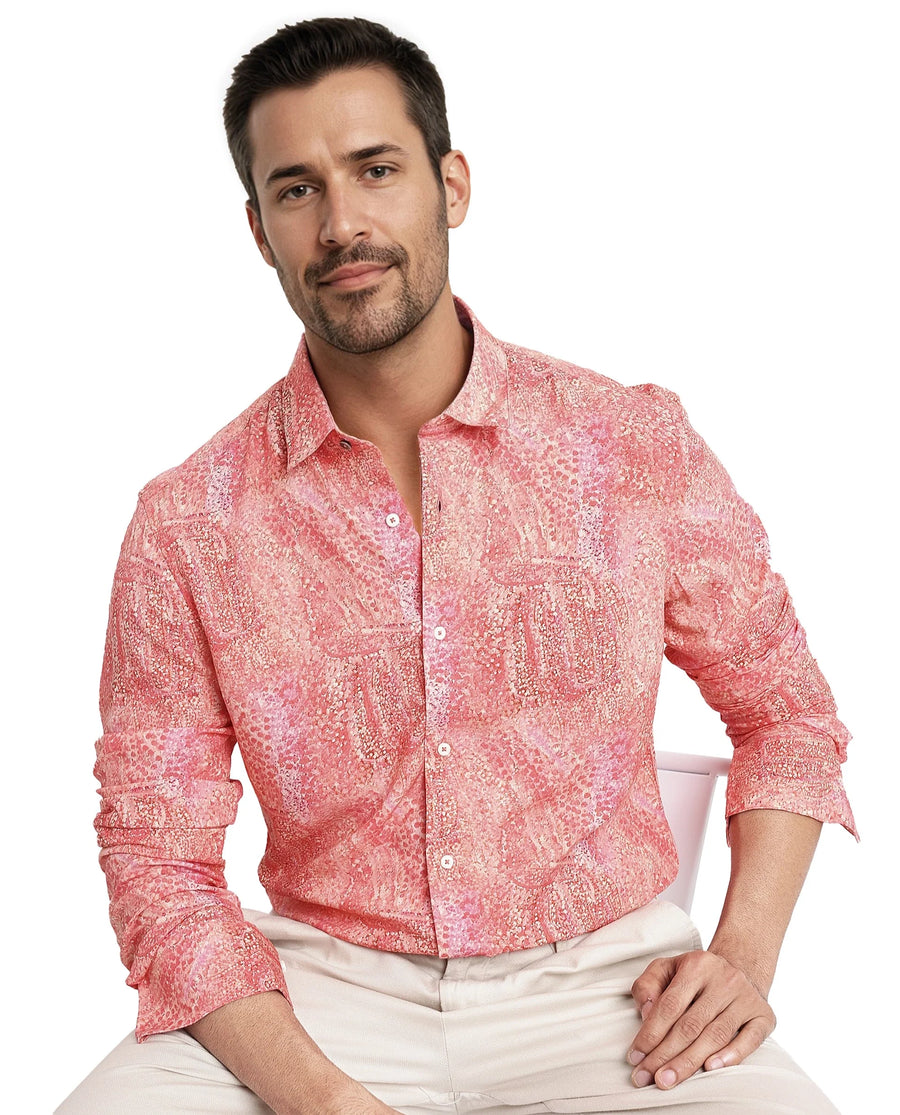 Rare Rabbit Men's Audie Pink Viscose Abstract Print Regular Fit Full Sleeve Collared Shirt