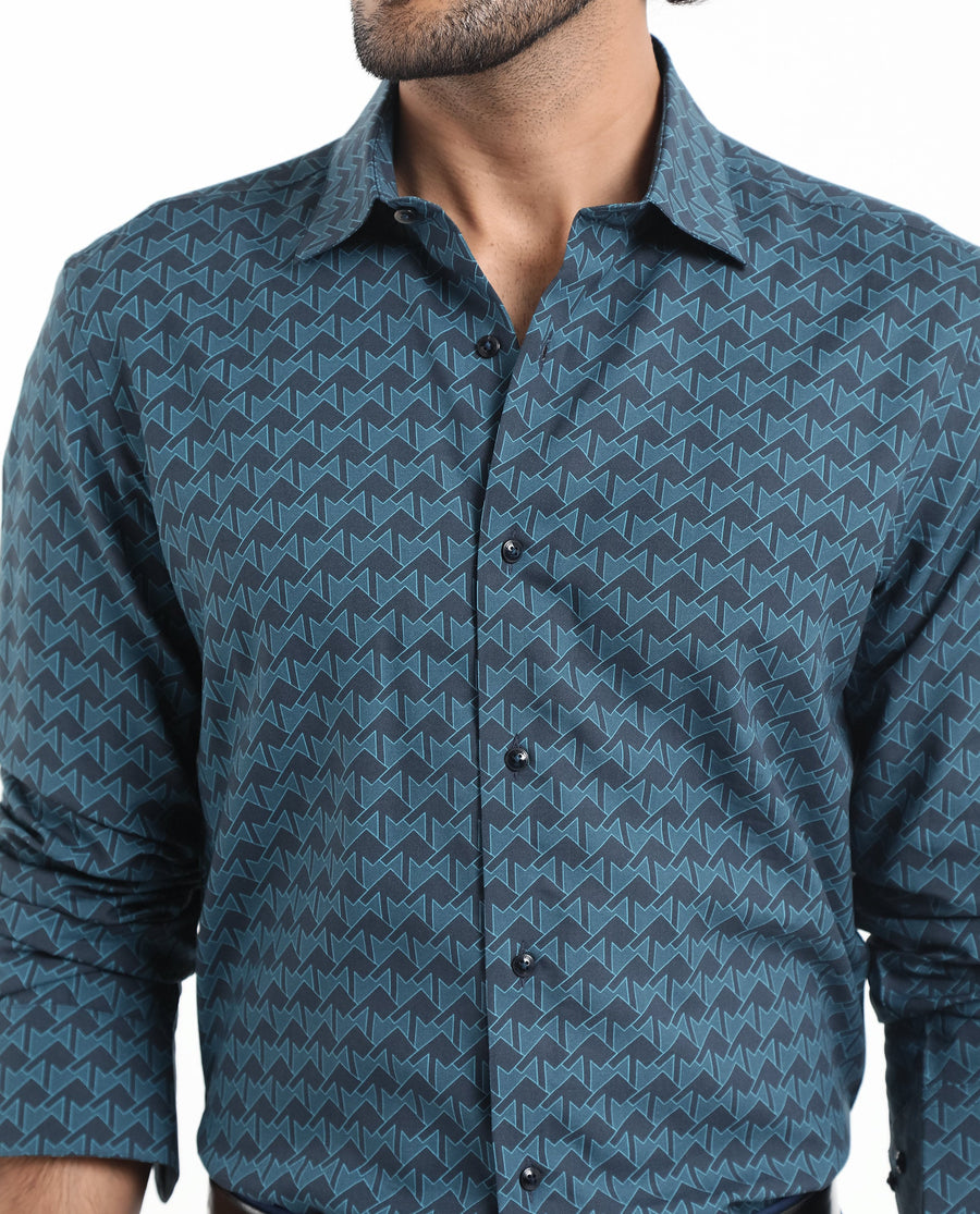 Rare Rabbit Men's Avior Teal Viscose Monogram Print Regular Fit Full Sleeve Collared Shirt